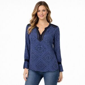 Lucky Brand S/P Top Blue Floral Print Split Neck Pullover Long Sleeve